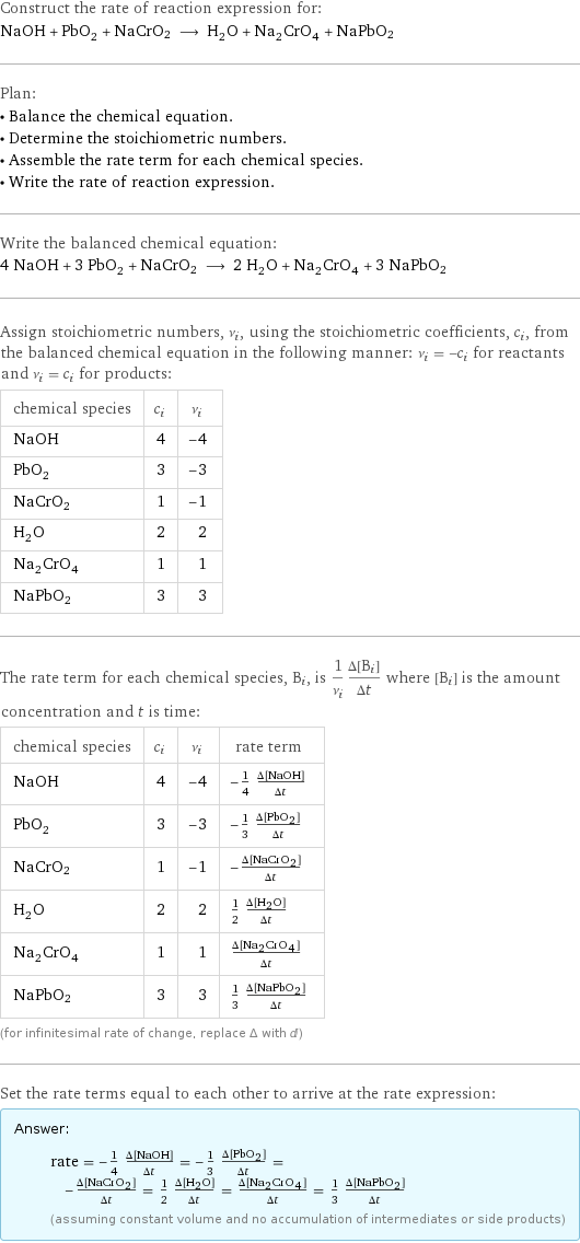 Construct the rate of reaction expression for: NaOH + PbO_2 + NaCrO2 ⟶ H_2O + Na_2CrO_4 + NaPbO2 Plan: • Balance the chemical equation. • Determine the stoichiometric numbers. • Assemble the rate term for each chemical species. • Write the rate of reaction expression. Write the balanced chemical equation: 4 NaOH + 3 PbO_2 + NaCrO2 ⟶ 2 H_2O + Na_2CrO_4 + 3 NaPbO2 Assign stoichiometric numbers, ν_i, using the stoichiometric coefficients, c_i, from the balanced chemical equation in the following manner: ν_i = -c_i for reactants and ν_i = c_i for products: chemical species | c_i | ν_i NaOH | 4 | -4 PbO_2 | 3 | -3 NaCrO2 | 1 | -1 H_2O | 2 | 2 Na_2CrO_4 | 1 | 1 NaPbO2 | 3 | 3 The rate term for each chemical species, B_i, is 1/ν_i(Δ[B_i])/(Δt) where [B_i] is the amount concentration and t is time: chemical species | c_i | ν_i | rate term NaOH | 4 | -4 | -1/4 (Δ[NaOH])/(Δt) PbO_2 | 3 | -3 | -1/3 (Δ[PbO2])/(Δt) NaCrO2 | 1 | -1 | -(Δ[NaCrO2])/(Δt) H_2O | 2 | 2 | 1/2 (Δ[H2O])/(Δt) Na_2CrO_4 | 1 | 1 | (Δ[Na2CrO4])/(Δt) NaPbO2 | 3 | 3 | 1/3 (Δ[NaPbO2])/(Δt) (for infinitesimal rate of change, replace Δ with d) Set the rate terms equal to each other to arrive at the rate expression: Answer: |   | rate = -1/4 (Δ[NaOH])/(Δt) = -1/3 (Δ[PbO2])/(Δt) = -(Δ[NaCrO2])/(Δt) = 1/2 (Δ[H2O])/(Δt) = (Δ[Na2CrO4])/(Δt) = 1/3 (Δ[NaPbO2])/(Δt) (assuming constant volume and no accumulation of intermediates or side products)