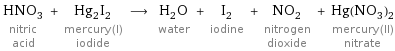 HNO_3 nitric acid + Hg_2I_2 mercury(I) iodide ⟶ H_2O water + I_2 iodine + NO_2 nitrogen dioxide + Hg(NO_3)_2 mercury(II) nitrate