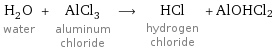 H_2O water + AlCl_3 aluminum chloride ⟶ HCl hydrogen chloride + AlOHCl2