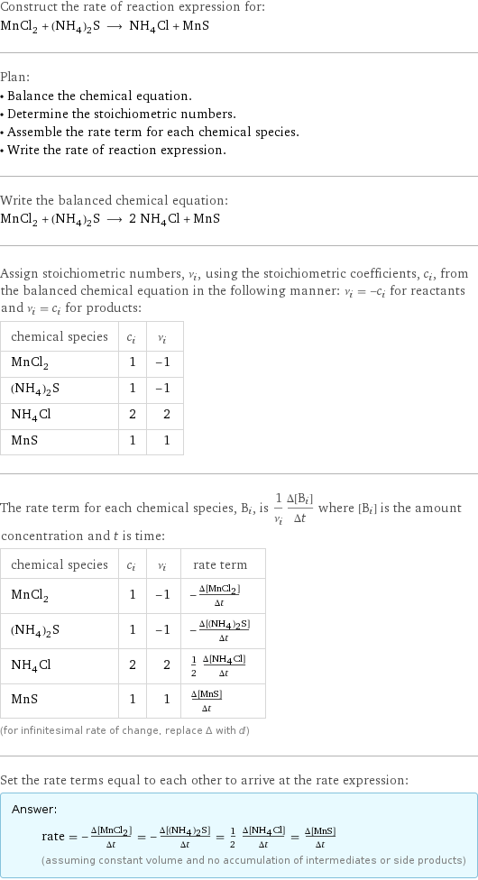 Construct the rate of reaction expression for: MnCl_2 + (NH_4)_2S ⟶ NH_4Cl + MnS Plan: • Balance the chemical equation. • Determine the stoichiometric numbers. • Assemble the rate term for each chemical species. • Write the rate of reaction expression. Write the balanced chemical equation: MnCl_2 + (NH_4)_2S ⟶ 2 NH_4Cl + MnS Assign stoichiometric numbers, ν_i, using the stoichiometric coefficients, c_i, from the balanced chemical equation in the following manner: ν_i = -c_i for reactants and ν_i = c_i for products: chemical species | c_i | ν_i MnCl_2 | 1 | -1 (NH_4)_2S | 1 | -1 NH_4Cl | 2 | 2 MnS | 1 | 1 The rate term for each chemical species, B_i, is 1/ν_i(Δ[B_i])/(Δt) where [B_i] is the amount concentration and t is time: chemical species | c_i | ν_i | rate term MnCl_2 | 1 | -1 | -(Δ[MnCl2])/(Δt) (NH_4)_2S | 1 | -1 | -(Δ[(NH4)2S])/(Δt) NH_4Cl | 2 | 2 | 1/2 (Δ[NH4Cl])/(Δt) MnS | 1 | 1 | (Δ[MnS])/(Δt) (for infinitesimal rate of change, replace Δ with d) Set the rate terms equal to each other to arrive at the rate expression: Answer: |   | rate = -(Δ[MnCl2])/(Δt) = -(Δ[(NH4)2S])/(Δt) = 1/2 (Δ[NH4Cl])/(Δt) = (Δ[MnS])/(Δt) (assuming constant volume and no accumulation of intermediates or side products)