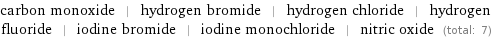 carbon monoxide | hydrogen bromide | hydrogen chloride | hydrogen fluoride | iodine bromide | iodine monochloride | nitric oxide (total: 7)