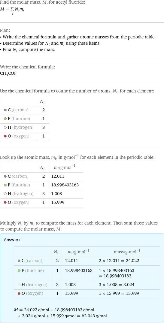 Find the molar mass, M, for acetyl fluoride: M = sum _iN_im_i Plan: • Write the chemical formula and gather atomic masses from the periodic table. • Determine values for N_i and m_i using these items. • Finally, compute the mass. Write the chemical formula: CH_3COF Use the chemical formula to count the number of atoms, N_i, for each element:  | N_i  C (carbon) | 2  F (fluorine) | 1  H (hydrogen) | 3  O (oxygen) | 1 Look up the atomic mass, m_i, in g·mol^(-1) for each element in the periodic table:  | N_i | m_i/g·mol^(-1)  C (carbon) | 2 | 12.011  F (fluorine) | 1 | 18.998403163  H (hydrogen) | 3 | 1.008  O (oxygen) | 1 | 15.999 Multiply N_i by m_i to compute the mass for each element. Then sum those values to compute the molar mass, M: Answer: |   | | N_i | m_i/g·mol^(-1) | mass/g·mol^(-1)  C (carbon) | 2 | 12.011 | 2 × 12.011 = 24.022  F (fluorine) | 1 | 18.998403163 | 1 × 18.998403163 = 18.998403163  H (hydrogen) | 3 | 1.008 | 3 × 1.008 = 3.024  O (oxygen) | 1 | 15.999 | 1 × 15.999 = 15.999  M = 24.022 g/mol + 18.998403163 g/mol + 3.024 g/mol + 15.999 g/mol = 62.043 g/mol