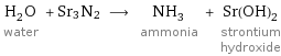 H_2O water + Sr3N2 ⟶ NH_3 ammonia + Sr(OH)_2 strontium hydroxide