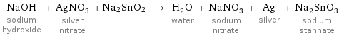 NaOH sodium hydroxide + AgNO_3 silver nitrate + Na2SnO2 ⟶ H_2O water + NaNO_3 sodium nitrate + Ag silver + Na_2SnO_3 sodium stannate