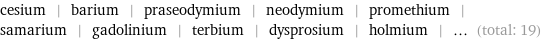 cesium | barium | praseodymium | neodymium | promethium | samarium | gadolinium | terbium | dysprosium | holmium | ... (total: 19)