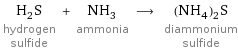 H_2S hydrogen sulfide + NH_3 ammonia ⟶ (NH_4)_2S diammonium sulfide