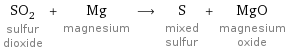 SO_2 sulfur dioxide + Mg magnesium ⟶ S mixed sulfur + MgO magnesium oxide