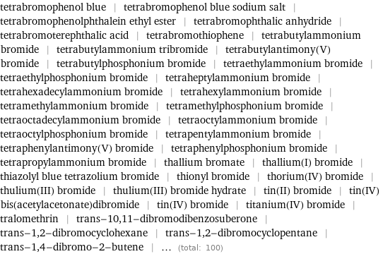 tetrabromophenol blue | tetrabromophenol blue sodium salt | tetrabromophenolphthalein ethyl ester | tetrabromophthalic anhydride | tetrabromoterephthalic acid | tetrabromothiophene | tetrabutylammonium bromide | tetrabutylammonium tribromide | tetrabutylantimony(V) bromide | tetrabutylphosphonium bromide | tetraethylammonium bromide | tetraethylphosphonium bromide | tetraheptylammonium bromide | tetrahexadecylammonium bromide | tetrahexylammonium bromide | tetramethylammonium bromide | tetramethylphosphonium bromide | tetraoctadecylammonium bromide | tetraoctylammonium bromide | tetraoctylphosphonium bromide | tetrapentylammonium bromide | tetraphenylantimony(V) bromide | tetraphenylphosphonium bromide | tetrapropylammonium bromide | thallium bromate | thallium(I) bromide | thiazolyl blue tetrazolium bromide | thionyl bromide | thorium(IV) bromide | thulium(III) bromide | thulium(III) bromide hydrate | tin(II) bromide | tin(IV) bis(acetylacetonate)dibromide | tin(IV) bromide | titanium(IV) bromide | tralomethrin | trans-10, 11-dibromodibenzosuberone | trans-1, 2-dibromocyclohexane | trans-1, 2-dibromocyclopentane | trans-1, 4-dibromo-2-butene | ... (total: 100)