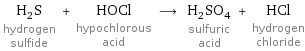 H_2S hydrogen sulfide + HOCl hypochlorous acid ⟶ H_2SO_4 sulfuric acid + HCl hydrogen chloride