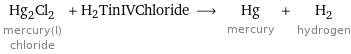 Hg_2Cl_2 mercury(I) chloride + H2TinIVChloride ⟶ Hg mercury + H_2 hydrogen