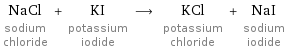 NaCl sodium chloride + KI potassium iodide ⟶ KCl potassium chloride + NaI sodium iodide