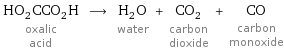 HO_2CCO_2H oxalic acid ⟶ H_2O water + CO_2 carbon dioxide + CO carbon monoxide