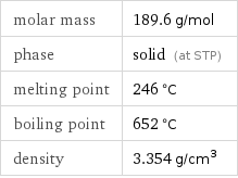 molar mass | 189.6 g/mol phase | solid (at STP) melting point | 246 °C boiling point | 652 °C density | 3.354 g/cm^3