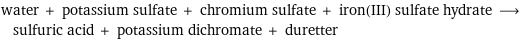 water + potassium sulfate + chromium sulfate + iron(III) sulfate hydrate ⟶ sulfuric acid + potassium dichromate + duretter