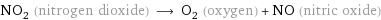 NO_2 (nitrogen dioxide) ⟶ O_2 (oxygen) + NO (nitric oxide)