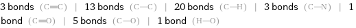 3 bonds () | 13 bonds () | 20 bonds () | 3 bonds () | 1 bond () | 5 bonds () | 1 bond ()