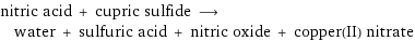 nitric acid + cupric sulfide ⟶ water + sulfuric acid + nitric oxide + copper(II) nitrate