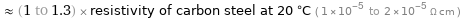  ≈ (1 to 1.3) × resistivity of carbon steel at 20 °C ( 1×10^-5 to 2×10^-5 Ω cm )