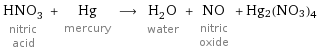 HNO_3 nitric acid + Hg mercury ⟶ H_2O water + NO nitric oxide + Hg2(NO3)4