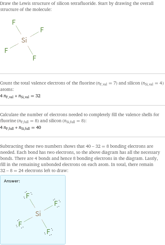 Draw the Lewis structure of silicon tetrafluoride. Start by drawing the overall structure of the molecule:  Count the total valence electrons of the fluorine (n_F, val = 7) and silicon (n_Si, val = 4) atoms: 4 n_F, val + n_Si, val = 32 Calculate the number of electrons needed to completely fill the valence shells for fluorine (n_F, full = 8) and silicon (n_Si, full = 8): 4 n_F, full + n_Si, full = 40 Subtracting these two numbers shows that 40 - 32 = 8 bonding electrons are needed. Each bond has two electrons, so the above diagram has all the necessary bonds. There are 4 bonds and hence 8 bonding electrons in the diagram. Lastly, fill in the remaining unbonded electrons on each atom. In total, there remain 32 - 8 = 24 electrons left to draw: Answer: |   | 