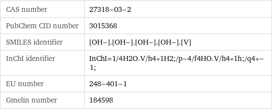 CAS number | 27318-03-2 PubChem CID number | 3015368 SMILES identifier | [OH-].[OH-].[OH-].[OH-].[V] InChI identifier | InChI=1/4H2O.V/h4*1H2;/p-4/f4HO.V/h4*1h;/q4*-1; EU number | 248-401-1 Gmelin number | 184598