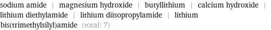 sodium amide | magnesium hydroxide | butyllithium | calcium hydroxide | lithium diethylamide | lithium diisopropylamide | lithium bis(trimethylsilyl)amide (total: 7)