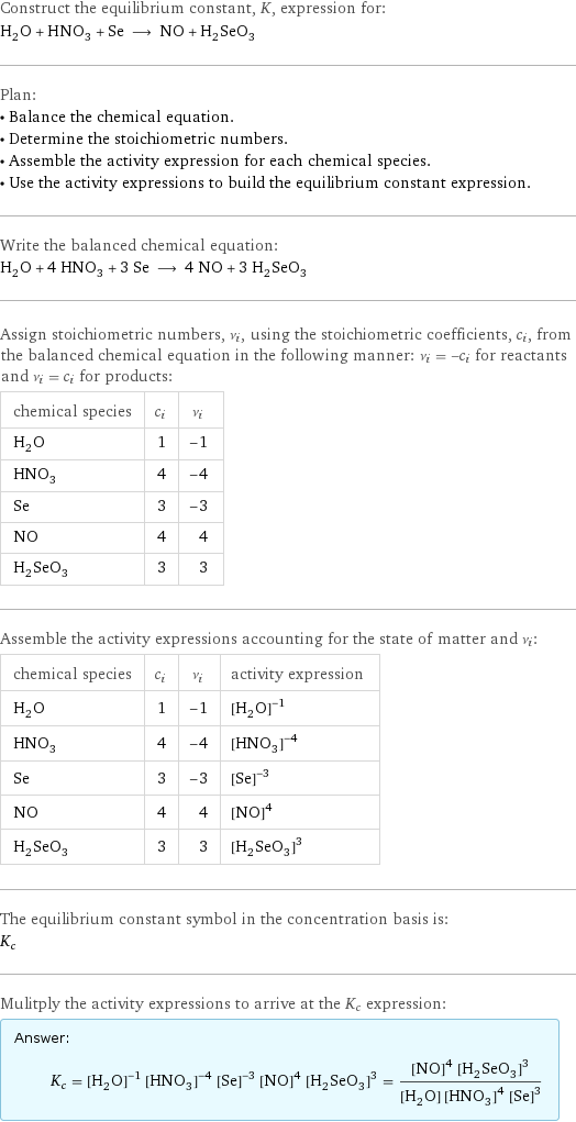 Construct the equilibrium constant, K, expression for: H_2O + HNO_3 + Se ⟶ NO + H_2SeO_3 Plan: • Balance the chemical equation. • Determine the stoichiometric numbers. • Assemble the activity expression for each chemical species. • Use the activity expressions to build the equilibrium constant expression. Write the balanced chemical equation: H_2O + 4 HNO_3 + 3 Se ⟶ 4 NO + 3 H_2SeO_3 Assign stoichiometric numbers, ν_i, using the stoichiometric coefficients, c_i, from the balanced chemical equation in the following manner: ν_i = -c_i for reactants and ν_i = c_i for products: chemical species | c_i | ν_i H_2O | 1 | -1 HNO_3 | 4 | -4 Se | 3 | -3 NO | 4 | 4 H_2SeO_3 | 3 | 3 Assemble the activity expressions accounting for the state of matter and ν_i: chemical species | c_i | ν_i | activity expression H_2O | 1 | -1 | ([H2O])^(-1) HNO_3 | 4 | -4 | ([HNO3])^(-4) Se | 3 | -3 | ([Se])^(-3) NO | 4 | 4 | ([NO])^4 H_2SeO_3 | 3 | 3 | ([H2SeO3])^3 The equilibrium constant symbol in the concentration basis is: K_c Mulitply the activity expressions to arrive at the K_c expression: Answer: |   | K_c = ([H2O])^(-1) ([HNO3])^(-4) ([Se])^(-3) ([NO])^4 ([H2SeO3])^3 = (([NO])^4 ([H2SeO3])^3)/([H2O] ([HNO3])^4 ([Se])^3)