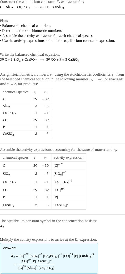 Construct the equilibrium constant, K, expression for: C + SiO_2 + Ca3PO42 ⟶ CO + P + CaSiO_3 Plan: • Balance the chemical equation. • Determine the stoichiometric numbers. • Assemble the activity expression for each chemical species. • Use the activity expressions to build the equilibrium constant expression. Write the balanced chemical equation: 39 C + 3 SiO_2 + Ca3PO42 ⟶ 39 CO + P + 3 CaSiO_3 Assign stoichiometric numbers, ν_i, using the stoichiometric coefficients, c_i, from the balanced chemical equation in the following manner: ν_i = -c_i for reactants and ν_i = c_i for products: chemical species | c_i | ν_i C | 39 | -39 SiO_2 | 3 | -3 Ca3PO42 | 1 | -1 CO | 39 | 39 P | 1 | 1 CaSiO_3 | 3 | 3 Assemble the activity expressions accounting for the state of matter and ν_i: chemical species | c_i | ν_i | activity expression C | 39 | -39 | ([C])^(-39) SiO_2 | 3 | -3 | ([SiO2])^(-3) Ca3PO42 | 1 | -1 | ([Ca3PO42])^(-1) CO | 39 | 39 | ([CO])^39 P | 1 | 1 | [P] CaSiO_3 | 3 | 3 | ([CaSiO3])^3 The equilibrium constant symbol in the concentration basis is: K_c Mulitply the activity expressions to arrive at the K_c expression: Answer: |   | K_c = ([C])^(-39) ([SiO2])^(-3) ([Ca3PO42])^(-1) ([CO])^39 [P] ([CaSiO3])^3 = (([CO])^39 [P] ([CaSiO3])^3)/(([C])^39 ([SiO2])^3 [Ca3PO42])