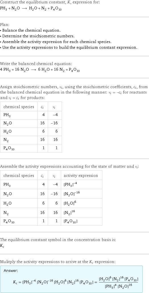 Construct the equilibrium constant, K, expression for: PH_3 + N_2O ⟶ H_2O + N_2 + P_4O_10 Plan: • Balance the chemical equation. • Determine the stoichiometric numbers. • Assemble the activity expression for each chemical species. • Use the activity expressions to build the equilibrium constant expression. Write the balanced chemical equation: 4 PH_3 + 16 N_2O ⟶ 6 H_2O + 16 N_2 + P_4O_10 Assign stoichiometric numbers, ν_i, using the stoichiometric coefficients, c_i, from the balanced chemical equation in the following manner: ν_i = -c_i for reactants and ν_i = c_i for products: chemical species | c_i | ν_i PH_3 | 4 | -4 N_2O | 16 | -16 H_2O | 6 | 6 N_2 | 16 | 16 P_4O_10 | 1 | 1 Assemble the activity expressions accounting for the state of matter and ν_i: chemical species | c_i | ν_i | activity expression PH_3 | 4 | -4 | ([PH3])^(-4) N_2O | 16 | -16 | ([N2O])^(-16) H_2O | 6 | 6 | ([H2O])^6 N_2 | 16 | 16 | ([N2])^16 P_4O_10 | 1 | 1 | [P4O10] The equilibrium constant symbol in the concentration basis is: K_c Mulitply the activity expressions to arrive at the K_c expression: Answer: |   | K_c = ([PH3])^(-4) ([N2O])^(-16) ([H2O])^6 ([N2])^16 [P4O10] = (([H2O])^6 ([N2])^16 [P4O10])/(([PH3])^4 ([N2O])^16)