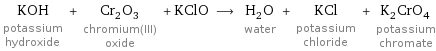 KOH potassium hydroxide + Cr_2O_3 chromium(III) oxide + KClO ⟶ H_2O water + KCl potassium chloride + K_2CrO_4 potassium chromate