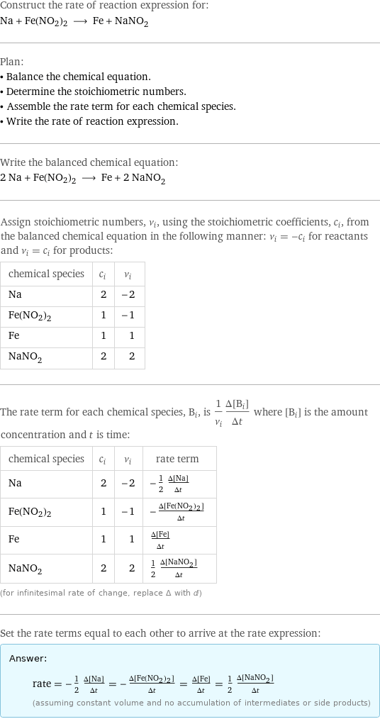 Construct the rate of reaction expression for: Na + Fe(NO2)2 ⟶ Fe + NaNO_2 Plan: • Balance the chemical equation. • Determine the stoichiometric numbers. • Assemble the rate term for each chemical species. • Write the rate of reaction expression. Write the balanced chemical equation: 2 Na + Fe(NO2)2 ⟶ Fe + 2 NaNO_2 Assign stoichiometric numbers, ν_i, using the stoichiometric coefficients, c_i, from the balanced chemical equation in the following manner: ν_i = -c_i for reactants and ν_i = c_i for products: chemical species | c_i | ν_i Na | 2 | -2 Fe(NO2)2 | 1 | -1 Fe | 1 | 1 NaNO_2 | 2 | 2 The rate term for each chemical species, B_i, is 1/ν_i(Δ[B_i])/(Δt) where [B_i] is the amount concentration and t is time: chemical species | c_i | ν_i | rate term Na | 2 | -2 | -1/2 (Δ[Na])/(Δt) Fe(NO2)2 | 1 | -1 | -(Δ[Fe(NO2)2])/(Δt) Fe | 1 | 1 | (Δ[Fe])/(Δt) NaNO_2 | 2 | 2 | 1/2 (Δ[NaNO2])/(Δt) (for infinitesimal rate of change, replace Δ with d) Set the rate terms equal to each other to arrive at the rate expression: Answer: |   | rate = -1/2 (Δ[Na])/(Δt) = -(Δ[Fe(NO2)2])/(Δt) = (Δ[Fe])/(Δt) = 1/2 (Δ[NaNO2])/(Δt) (assuming constant volume and no accumulation of intermediates or side products)