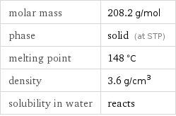 molar mass | 208.2 g/mol phase | solid (at STP) melting point | 148 °C density | 3.6 g/cm^3 solubility in water | reacts