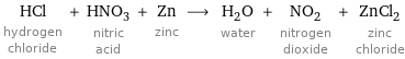 HCl hydrogen chloride + HNO_3 nitric acid + Zn zinc ⟶ H_2O water + NO_2 nitrogen dioxide + ZnCl_2 zinc chloride