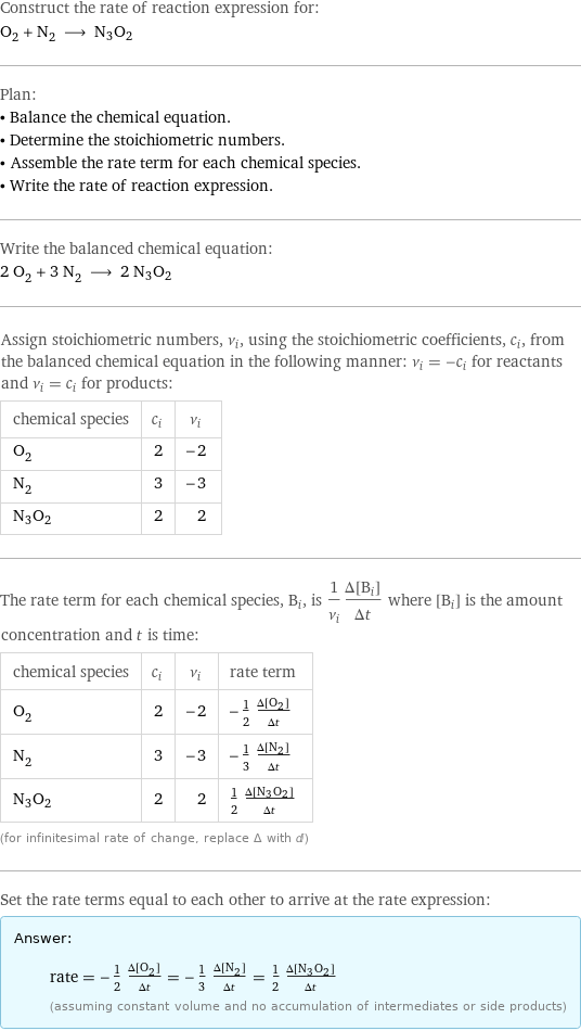 Construct the rate of reaction expression for: O_2 + N_2 ⟶ N3O2 Plan: • Balance the chemical equation. • Determine the stoichiometric numbers. • Assemble the rate term for each chemical species. • Write the rate of reaction expression. Write the balanced chemical equation: 2 O_2 + 3 N_2 ⟶ 2 N3O2 Assign stoichiometric numbers, ν_i, using the stoichiometric coefficients, c_i, from the balanced chemical equation in the following manner: ν_i = -c_i for reactants and ν_i = c_i for products: chemical species | c_i | ν_i O_2 | 2 | -2 N_2 | 3 | -3 N3O2 | 2 | 2 The rate term for each chemical species, B_i, is 1/ν_i(Δ[B_i])/(Δt) where [B_i] is the amount concentration and t is time: chemical species | c_i | ν_i | rate term O_2 | 2 | -2 | -1/2 (Δ[O2])/(Δt) N_2 | 3 | -3 | -1/3 (Δ[N2])/(Δt) N3O2 | 2 | 2 | 1/2 (Δ[N3O2])/(Δt) (for infinitesimal rate of change, replace Δ with d) Set the rate terms equal to each other to arrive at the rate expression: Answer: |   | rate = -1/2 (Δ[O2])/(Δt) = -1/3 (Δ[N2])/(Δt) = 1/2 (Δ[N3O2])/(Δt) (assuming constant volume and no accumulation of intermediates or side products)
