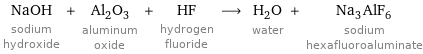 NaOH sodium hydroxide + Al_2O_3 aluminum oxide + HF hydrogen fluoride ⟶ H_2O water + Na_3AlF_6 sodium hexafluoroaluminate