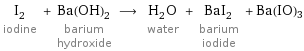 I_2 iodine + Ba(OH)_2 barium hydroxide ⟶ H_2O water + BaI_2 barium iodide + Ba(IO)3