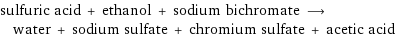 sulfuric acid + ethanol + sodium bichromate ⟶ water + sodium sulfate + chromium sulfate + acetic acid