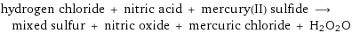 hydrogen chloride + nitric acid + mercury(II) sulfide ⟶ mixed sulfur + nitric oxide + mercuric chloride + H2O2O