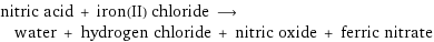 nitric acid + iron(II) chloride ⟶ water + hydrogen chloride + nitric oxide + ferric nitrate