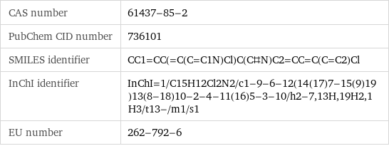 CAS number | 61437-85-2 PubChem CID number | 736101 SMILES identifier | CC1=CC(=C(C=C1N)Cl)C(C#N)C2=CC=C(C=C2)Cl InChI identifier | InChI=1/C15H12Cl2N2/c1-9-6-12(14(17)7-15(9)19)13(8-18)10-2-4-11(16)5-3-10/h2-7, 13H, 19H2, 1H3/t13-/m1/s1 EU number | 262-792-6