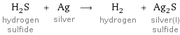 H_2S hydrogen sulfide + Ag silver ⟶ H_2 hydrogen + Ag_2S silver(I) sulfide