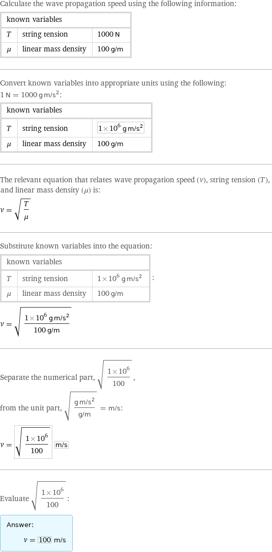 Calculate the wave propagation speed using the following information: known variables | |  T | string tension | 1000 N μ | linear mass density | 100 g/m Convert known variables into appropriate units using the following: 1 N = 1000 g m/s^2: known variables | |  T | string tension | 1×10^6 g m/s^2 μ | linear mass density | 100 g/m The relevant equation that relates wave propagation speed (v), string tension (T), and linear mass density (μ) is: v = sqrt(T/μ) Substitute known variables into the equation: known variables | |  T | string tension | 1×10^6 g m/s^2 μ | linear mass density | 100 g/m | : v = sqrt((1×10^6 g m/s^2)/(100 g/m)) Separate the numerical part, sqrt((1×10^6)/100), from the unit part, sqrt((g m/s^2)/(g/m)) = m/s: v = sqrt((1×10^6)/100) m/s Evaluate sqrt((1×10^6)/100): Answer: |   | v = 100 m/s