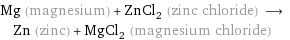 Mg (magnesium) + ZnCl_2 (zinc chloride) ⟶ Zn (zinc) + MgCl_2 (magnesium chloride)