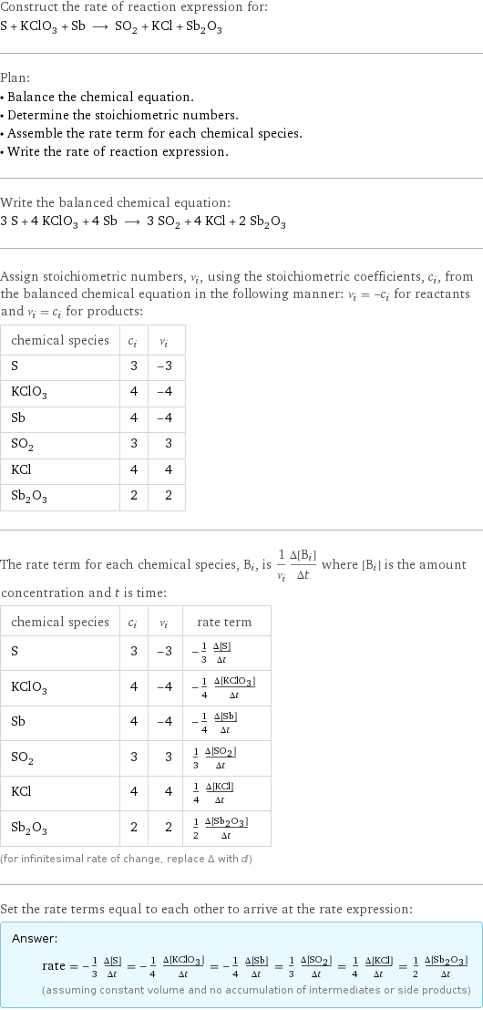 Construct the rate of reaction expression for: S + KClO_3 + Sb ⟶ SO_2 + KCl + Sb_2O_3 Plan: • Balance the chemical equation. • Determine the stoichiometric numbers. • Assemble the rate term for each chemical species. • Write the rate of reaction expression. Write the balanced chemical equation: 3 S + 4 KClO_3 + 4 Sb ⟶ 3 SO_2 + 4 KCl + 2 Sb_2O_3 Assign stoichiometric numbers, ν_i, using the stoichiometric coefficients, c_i, from the balanced chemical equation in the following manner: ν_i = -c_i for reactants and ν_i = c_i for products: chemical species | c_i | ν_i S | 3 | -3 KClO_3 | 4 | -4 Sb | 4 | -4 SO_2 | 3 | 3 KCl | 4 | 4 Sb_2O_3 | 2 | 2 The rate term for each chemical species, B_i, is 1/ν_i(Δ[B_i])/(Δt) where [B_i] is the amount concentration and t is time: chemical species | c_i | ν_i | rate term S | 3 | -3 | -1/3 (Δ[S])/(Δt) KClO_3 | 4 | -4 | -1/4 (Δ[KClO3])/(Δt) Sb | 4 | -4 | -1/4 (Δ[Sb])/(Δt) SO_2 | 3 | 3 | 1/3 (Δ[SO2])/(Δt) KCl | 4 | 4 | 1/4 (Δ[KCl])/(Δt) Sb_2O_3 | 2 | 2 | 1/2 (Δ[Sb2O3])/(Δt) (for infinitesimal rate of change, replace Δ with d) Set the rate terms equal to each other to arrive at the rate expression: Answer: |   | rate = -1/3 (Δ[S])/(Δt) = -1/4 (Δ[KClO3])/(Δt) = -1/4 (Δ[Sb])/(Δt) = 1/3 (Δ[SO2])/(Δt) = 1/4 (Δ[KCl])/(Δt) = 1/2 (Δ[Sb2O3])/(Δt) (assuming constant volume and no accumulation of intermediates or side products)