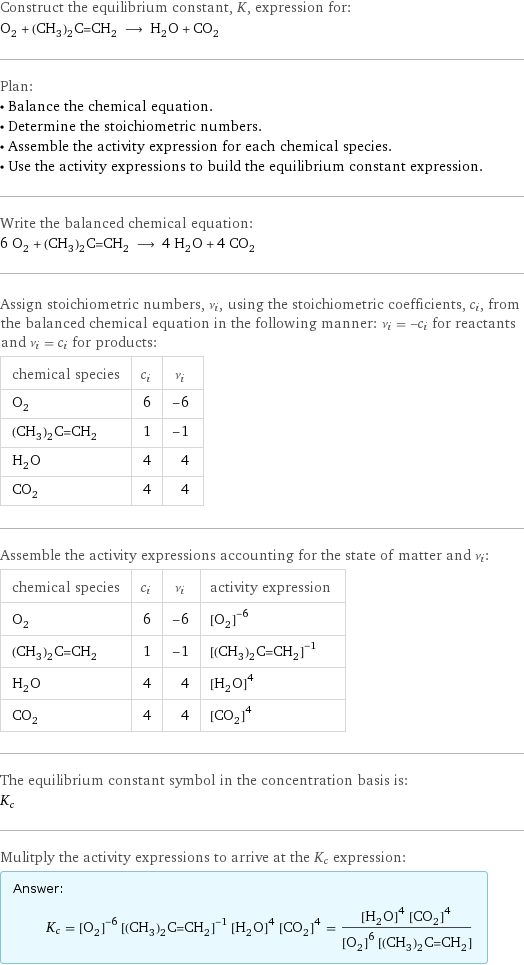 Construct the equilibrium constant, K, expression for: O_2 + (CH_3)_2C=CH_2 ⟶ H_2O + CO_2 Plan: • Balance the chemical equation. • Determine the stoichiometric numbers. • Assemble the activity expression for each chemical species. • Use the activity expressions to build the equilibrium constant expression. Write the balanced chemical equation: 6 O_2 + (CH_3)_2C=CH_2 ⟶ 4 H_2O + 4 CO_2 Assign stoichiometric numbers, ν_i, using the stoichiometric coefficients, c_i, from the balanced chemical equation in the following manner: ν_i = -c_i for reactants and ν_i = c_i for products: chemical species | c_i | ν_i O_2 | 6 | -6 (CH_3)_2C=CH_2 | 1 | -1 H_2O | 4 | 4 CO_2 | 4 | 4 Assemble the activity expressions accounting for the state of matter and ν_i: chemical species | c_i | ν_i | activity expression O_2 | 6 | -6 | ([O2])^(-6) (CH_3)_2C=CH_2 | 1 | -1 | ([(CH3)2C=CH2])^(-1) H_2O | 4 | 4 | ([H2O])^4 CO_2 | 4 | 4 | ([CO2])^4 The equilibrium constant symbol in the concentration basis is: K_c Mulitply the activity expressions to arrive at the K_c expression: Answer: |   | K_c = ([O2])^(-6) ([(CH3)2C=CH2])^(-1) ([H2O])^4 ([CO2])^4 = (([H2O])^4 ([CO2])^4)/(([O2])^6 [(CH3)2C=CH2])