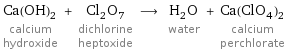 Ca(OH)_2 calcium hydroxide + Cl_2O_7 dichlorine heptoxide ⟶ H_2O water + Ca(ClO_4)_2 calcium perchlorate