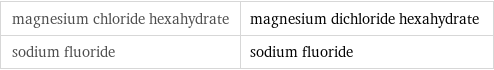 magnesium chloride hexahydrate | magnesium dichloride hexahydrate sodium fluoride | sodium fluoride