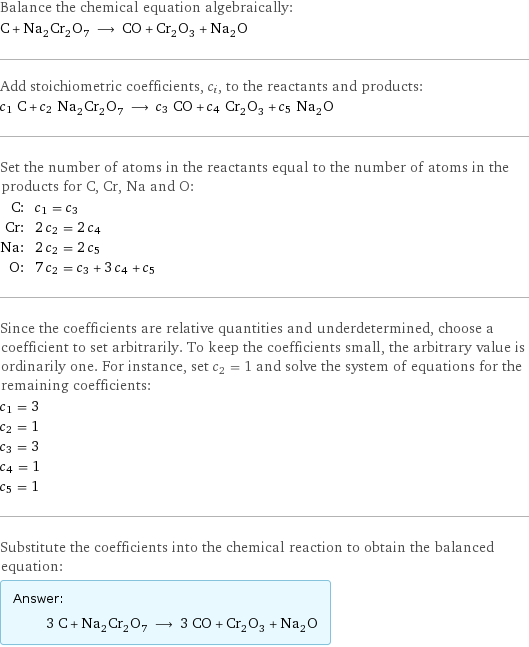 Balance the chemical equation algebraically: C + Na_2Cr_2O_7 ⟶ CO + Cr_2O_3 + Na_2O Add stoichiometric coefficients, c_i, to the reactants and products: c_1 C + c_2 Na_2Cr_2O_7 ⟶ c_3 CO + c_4 Cr_2O_3 + c_5 Na_2O Set the number of atoms in the reactants equal to the number of atoms in the products for C, Cr, Na and O: C: | c_1 = c_3 Cr: | 2 c_2 = 2 c_4 Na: | 2 c_2 = 2 c_5 O: | 7 c_2 = c_3 + 3 c_4 + c_5 Since the coefficients are relative quantities and underdetermined, choose a coefficient to set arbitrarily. To keep the coefficients small, the arbitrary value is ordinarily one. For instance, set c_2 = 1 and solve the system of equations for the remaining coefficients: c_1 = 3 c_2 = 1 c_3 = 3 c_4 = 1 c_5 = 1 Substitute the coefficients into the chemical reaction to obtain the balanced equation: Answer: |   | 3 C + Na_2Cr_2O_7 ⟶ 3 CO + Cr_2O_3 + Na_2O