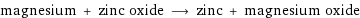 magnesium + zinc oxide ⟶ zinc + magnesium oxide