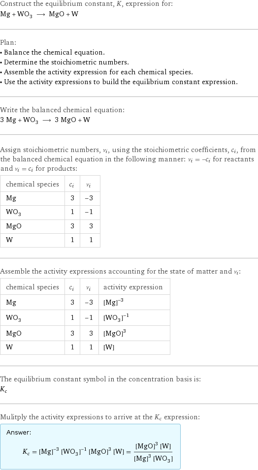 Construct the equilibrium constant, K, expression for: Mg + WO_3 ⟶ MgO + W Plan: • Balance the chemical equation. • Determine the stoichiometric numbers. • Assemble the activity expression for each chemical species. • Use the activity expressions to build the equilibrium constant expression. Write the balanced chemical equation: 3 Mg + WO_3 ⟶ 3 MgO + W Assign stoichiometric numbers, ν_i, using the stoichiometric coefficients, c_i, from the balanced chemical equation in the following manner: ν_i = -c_i for reactants and ν_i = c_i for products: chemical species | c_i | ν_i Mg | 3 | -3 WO_3 | 1 | -1 MgO | 3 | 3 W | 1 | 1 Assemble the activity expressions accounting for the state of matter and ν_i: chemical species | c_i | ν_i | activity expression Mg | 3 | -3 | ([Mg])^(-3) WO_3 | 1 | -1 | ([WO3])^(-1) MgO | 3 | 3 | ([MgO])^3 W | 1 | 1 | [W] The equilibrium constant symbol in the concentration basis is: K_c Mulitply the activity expressions to arrive at the K_c expression: Answer: |   | K_c = ([Mg])^(-3) ([WO3])^(-1) ([MgO])^3 [W] = (([MgO])^3 [W])/(([Mg])^3 [WO3])